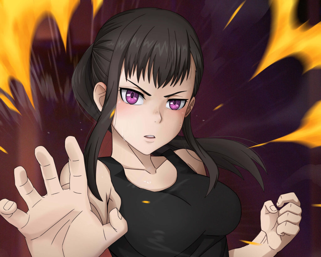 Intense Anime Girl Wallpaper: Fiery Ponytail & Dynamic Background