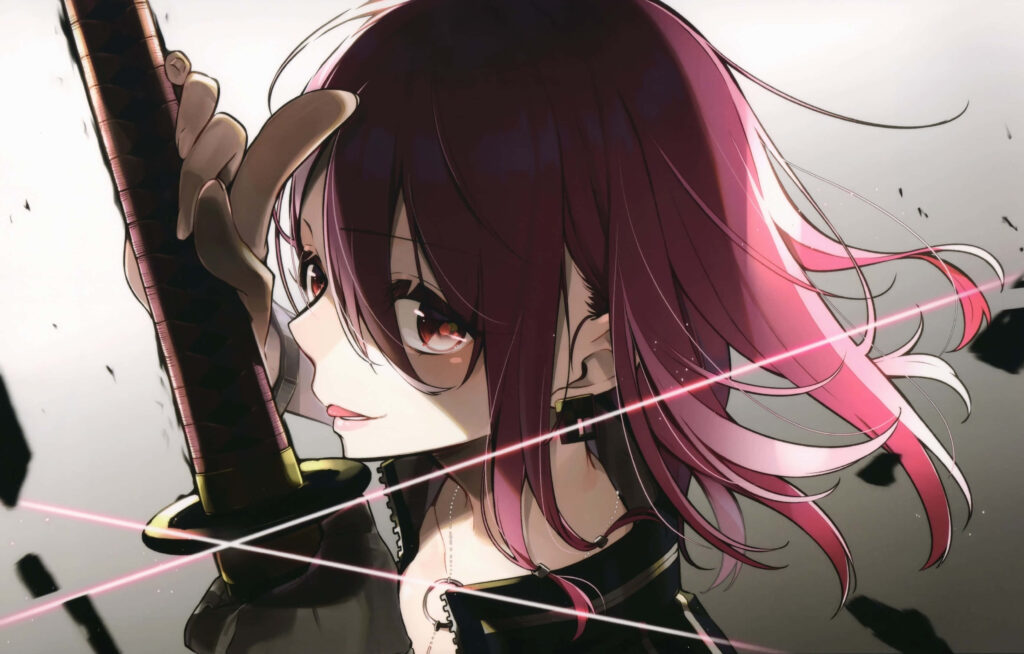 Fierce Red-Haired Anime Girl with Katana - Stunning Wallpaper Background