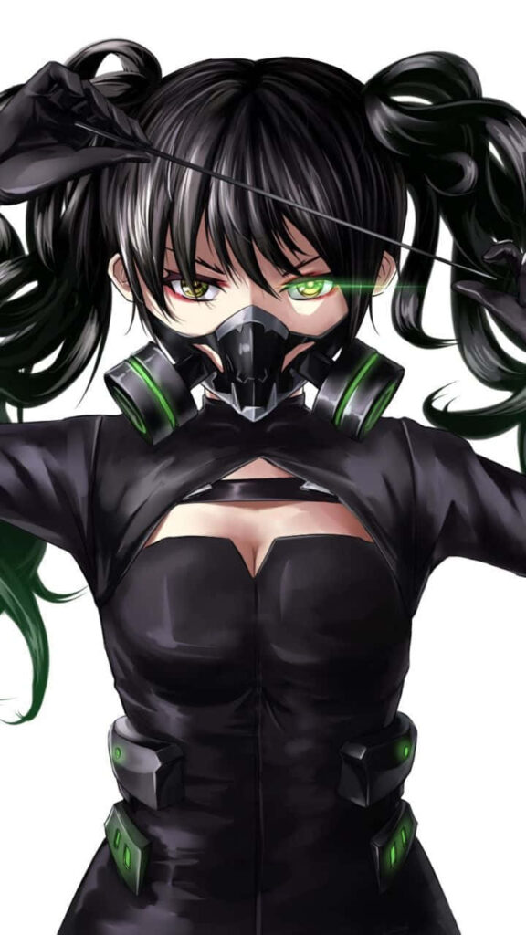 Futuristic Anime Wallpaper: Intense Girl in Black Gas Mask