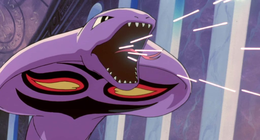 Arbok anime wallpaper mid-hiss vibrant hood sharp fangs deep purple tones classic style