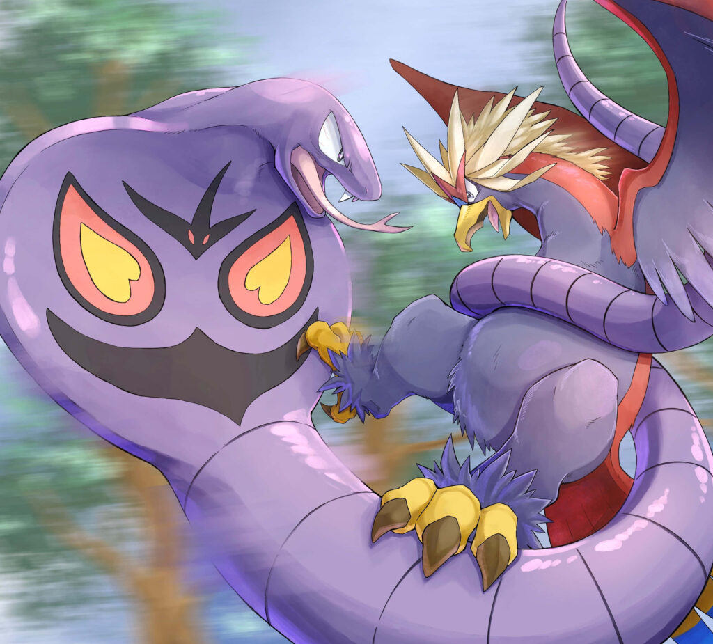 Arbok and Braviary intense Pokémon battle wallpaper vibrant anime forest background detailed design