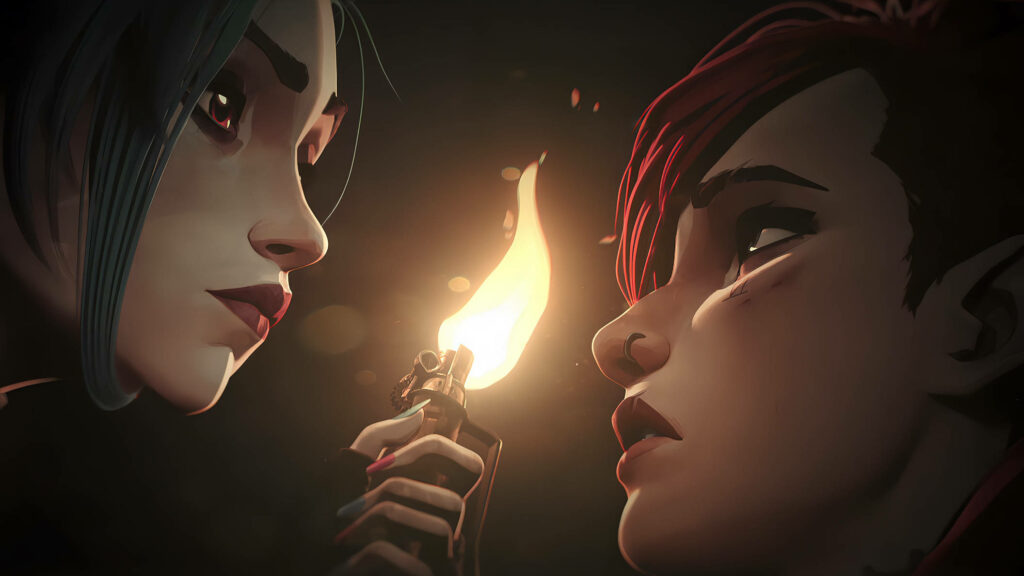 Intense Vi & Jinx Close-Up Wallpaper from Arcane - Dramatic Background
