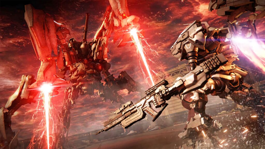 Two powerful mechs clash in a fiery red sky battle with energy weapons and armor plating Wallpaper