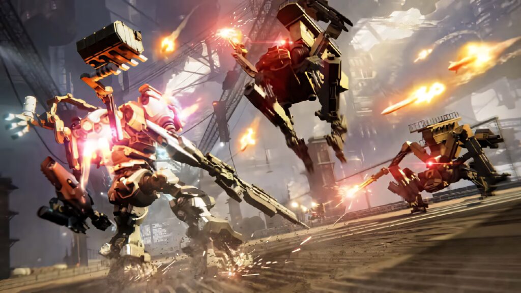 Armored Core intense mech battle with explosive action and futuristic weapons in industrial setting Wallpaper