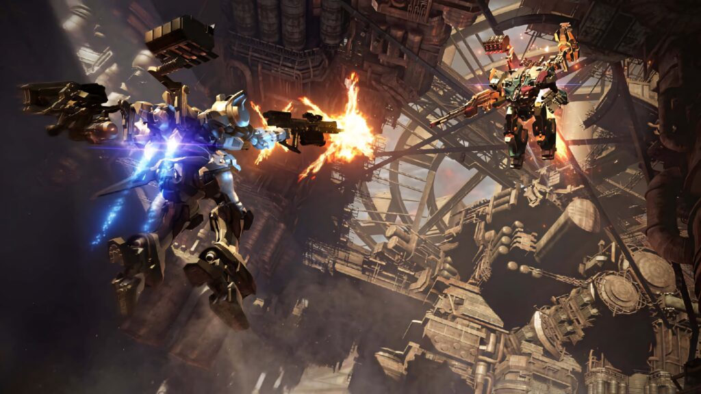 Armored Core mech battle with heavily armed robots firing in massive industrial arena wallpaper