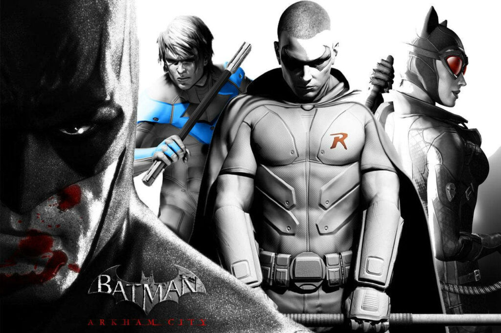 Dynamic Batman: Arkham City Wallpaper with Iconic Sidekicks
