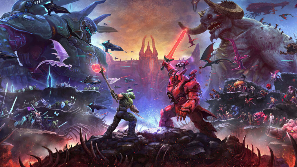 Intense Battle: Doom Slayer vs Dark Lord - 4K Wallpaper from Doom Eternal
