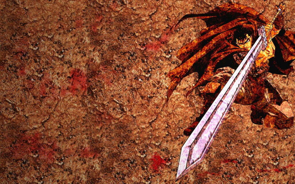 Warrior's Descent: HD Wallpaper Revealing Guts from Berserk in Majestic Anime Style