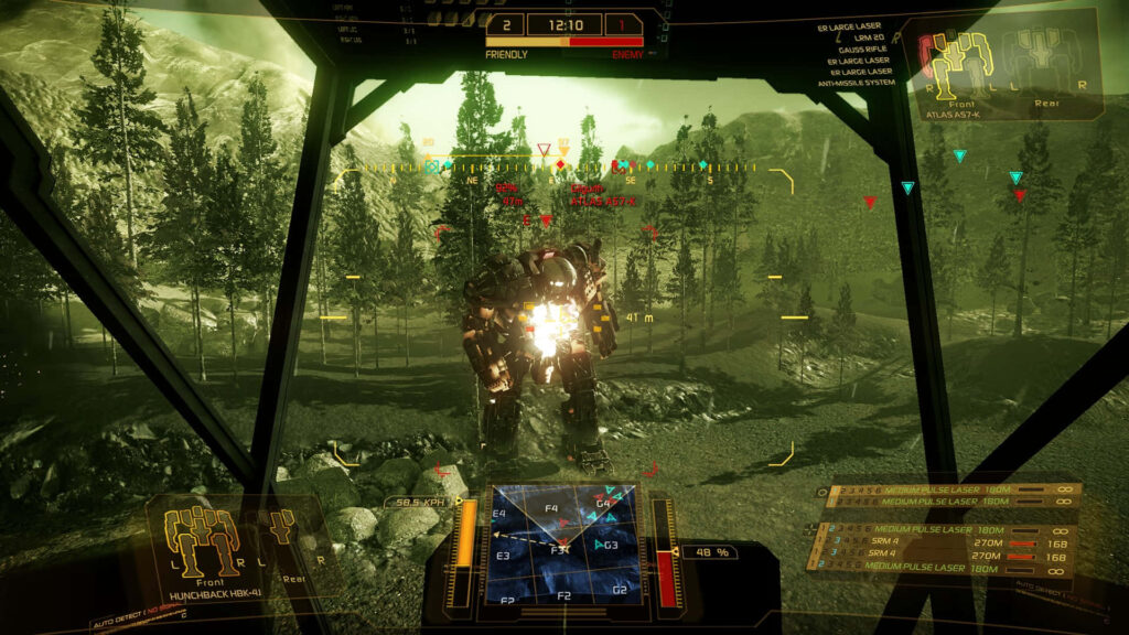 Intense BattleTech mech firefight viewed from cockpit HUD on rugged battlefield wallpaper background