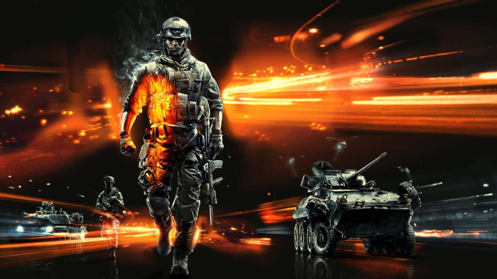 Battlefield 3 Wallpaper: Soldier in Fiery Action Scene Background