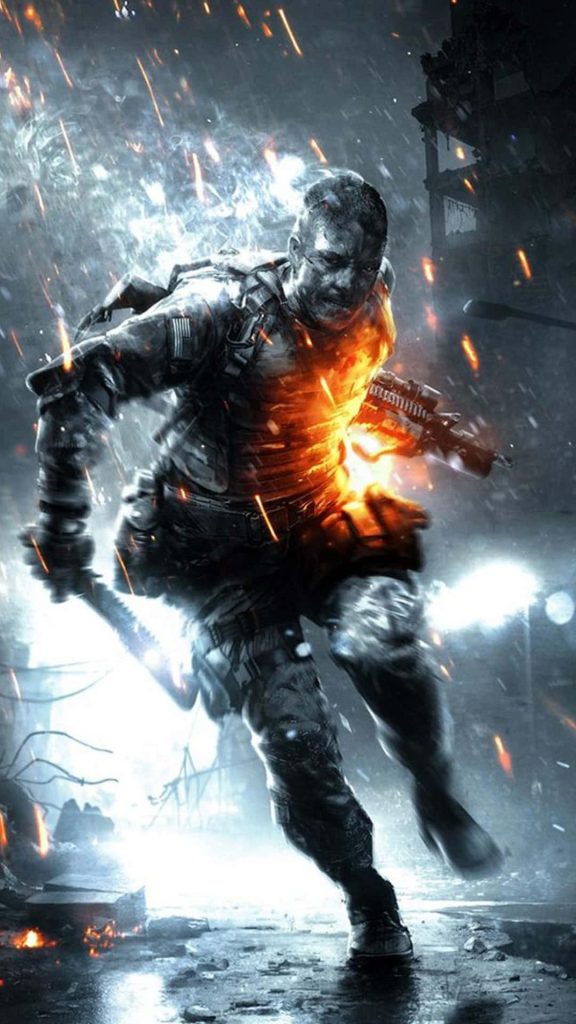Battlefield 3 iPhone wallpaper with tactical soldier running in war zone orange explosion background