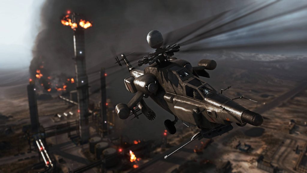 Armored attack helicopter flies past burning industrial site in intense Battlefield style warfare wall art Wallpaper