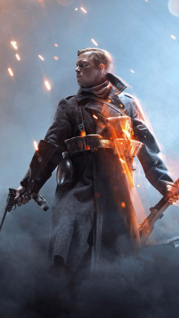 Battlefield V Soldier in World War II Uniform Stands Heroically in Ember-filled Battlefield Wallpaper