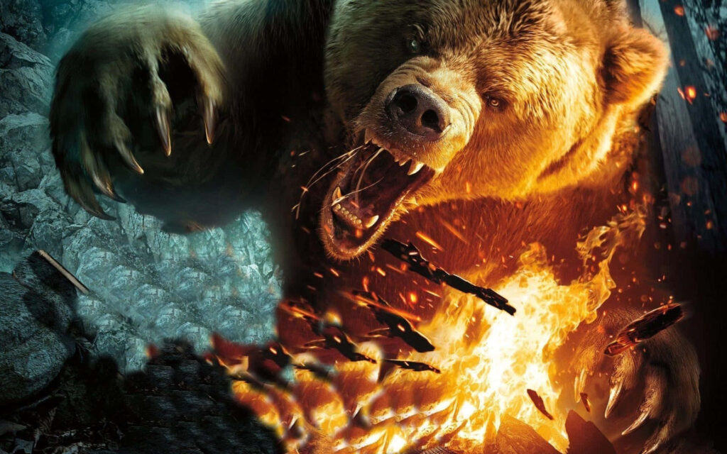 Powerful Bear Wallpaper: Intense Attack Amidst Flames & Debris