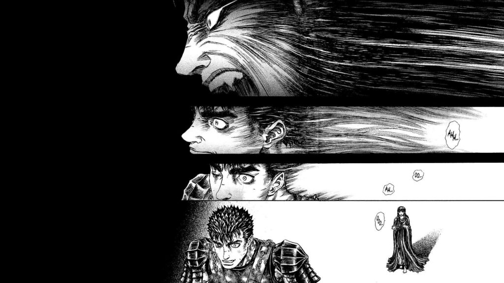 Berserk Manga Wallpaper: Intense Guts in Dark Atmosphere Panels