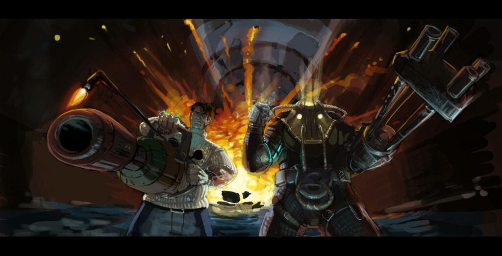 Stunning BioShock Wallpaper: Big Daddy & Atlas in Fiery Action