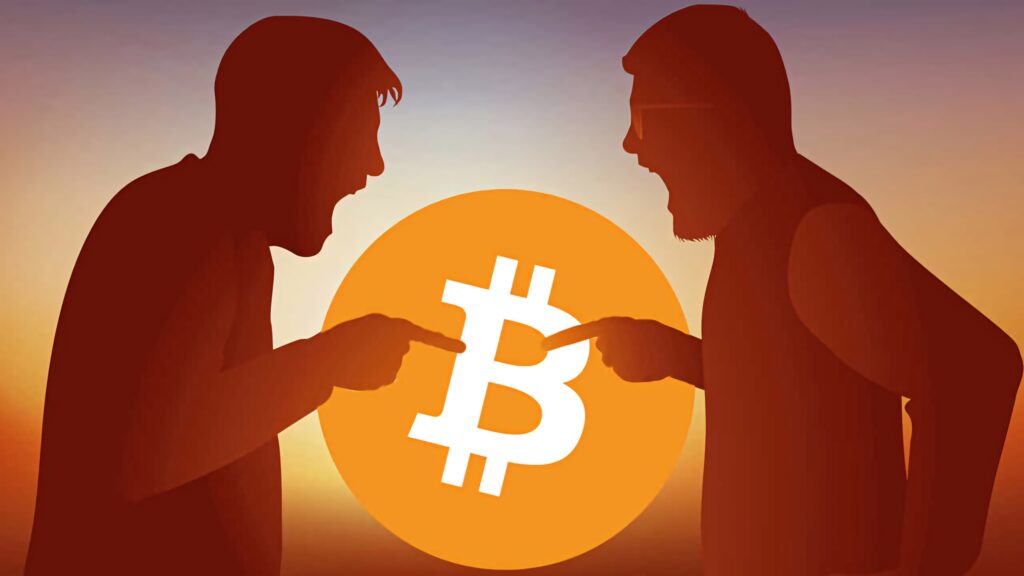 Two silhouettes intensely arguing in front of large Bitcoin symbol heated cryptocurrency debate background Wallpaper