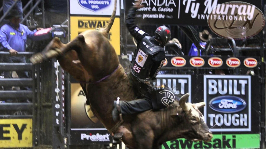 Bull riding contender in black gear gripping bucking brown bull in dynamic rodeo arena scene Wallpaper