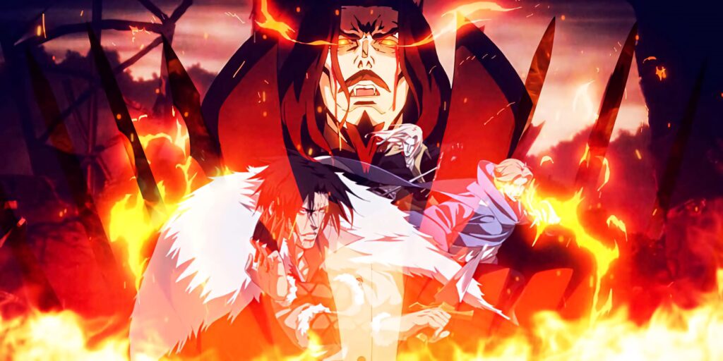 Epic Castlevania Trio vs Fiery Inferno - Dramatic Wallpaper Background