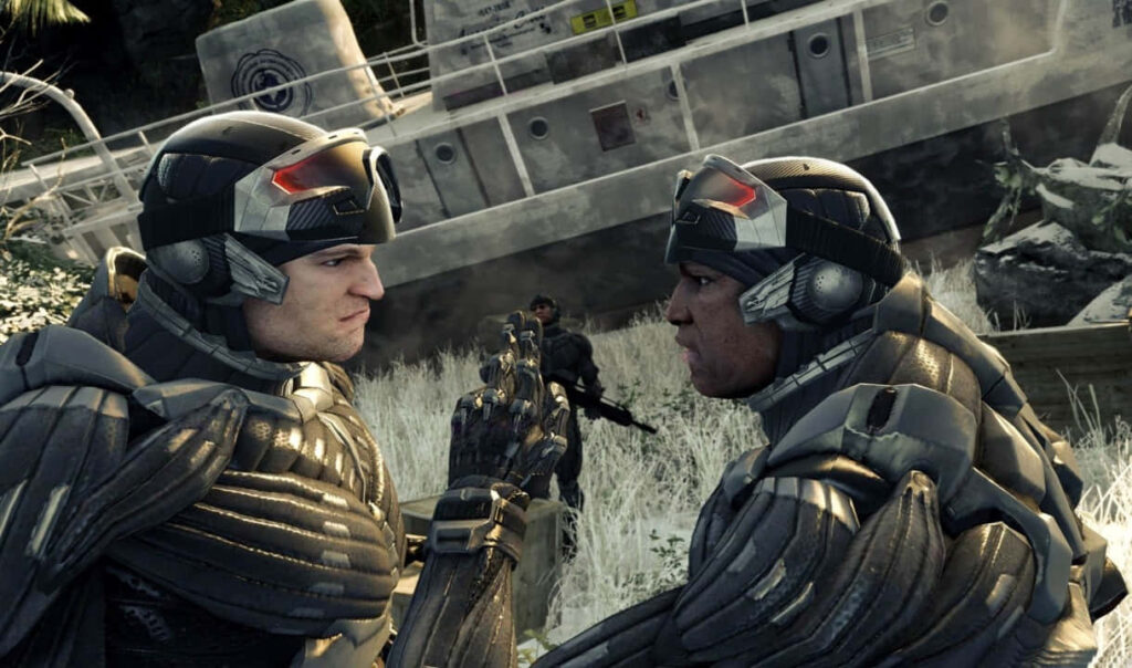 Crysis 3 characters in futuristic combat suits planning next move in urban battleground Wallpaper