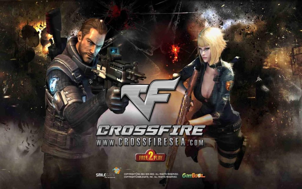Intense Crossfire wallpaper with male and female soldiers in tactical gear amid war smoke and explosions