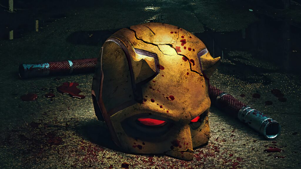 Intense Daredevil Wallpaper: Cracked Mask & Batons on Gritty Surface