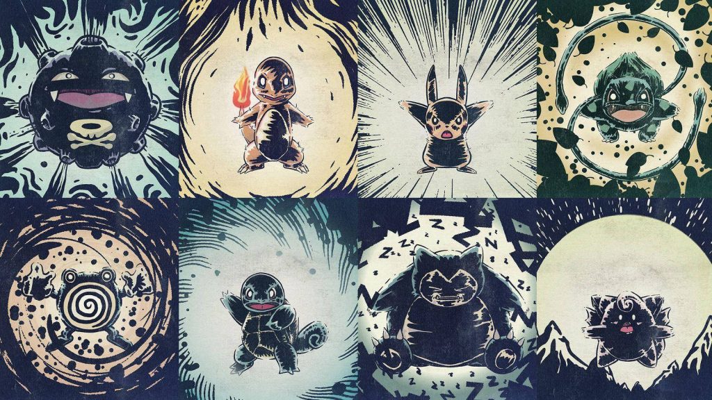 Dark high-contrast Pokémon collage with Charmander Snorlax Squirtle Clefairy moody gaming wallpaper