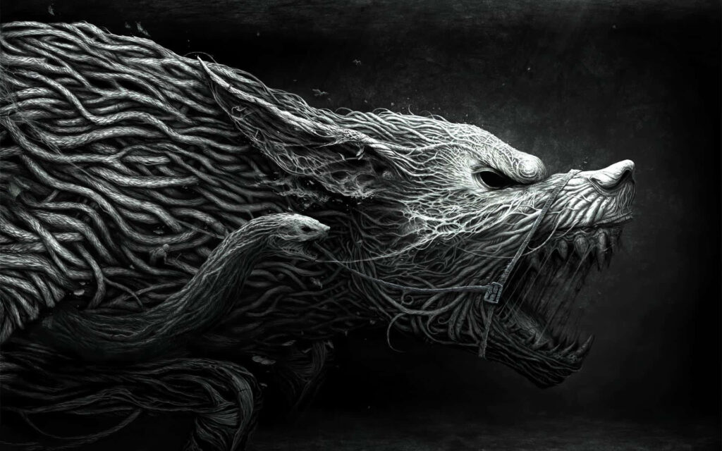 Intricate Dark Wallpaper of Aggressive Beast with Dynamic Tendrils