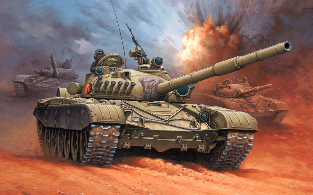Armored main battle tanks advancing in a dusty desert with explosions under warm lighting Wallpaper