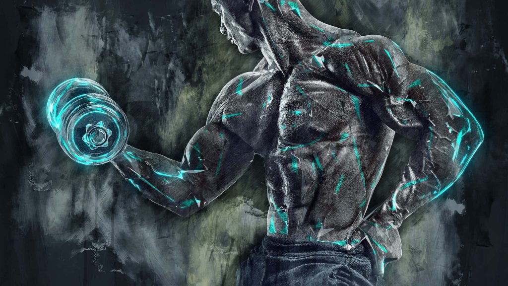Muscular bodybuilder digital art with glowing blue highlights and shattered workout design wallpaper