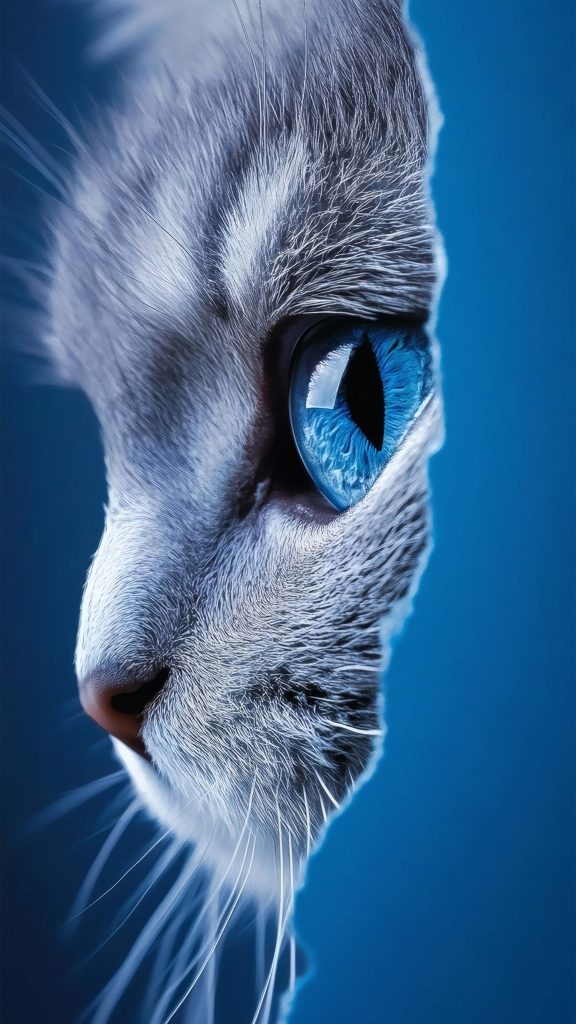 Digital portrait of a cat side profile with vibrant blue eye on deep navy wallpaper background