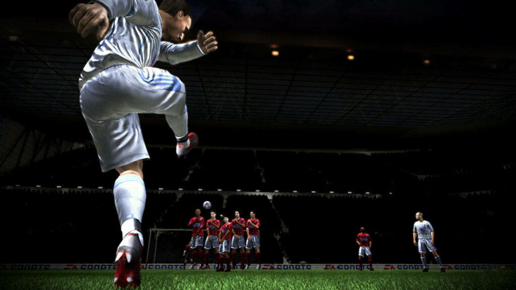 Intense FIFA Free Kick Wallpaper: Suspenseful Soccer Moment