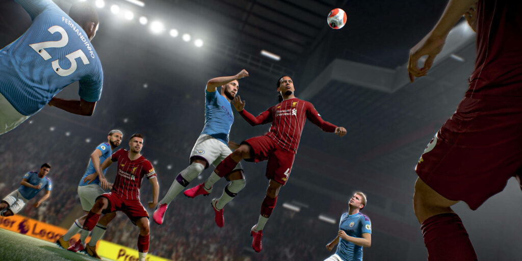 Dynamic FIFA Wallpaper: Intense Mid-Air Action Under Stadium Lights