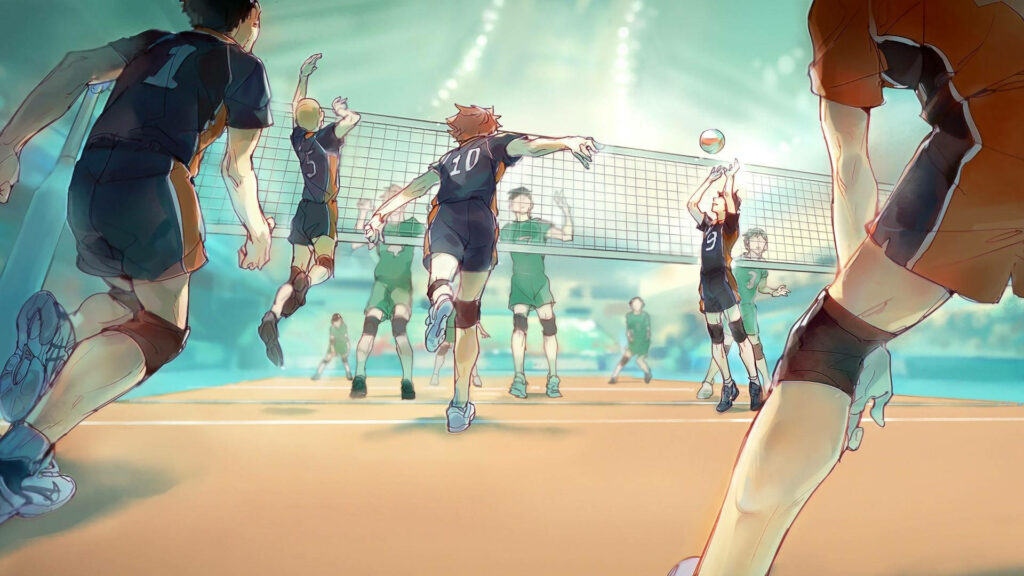 Clash of Powerhouses: Intense Haikyuu Volleyball Match between Karasuno High and Date Tech High Wallpaper