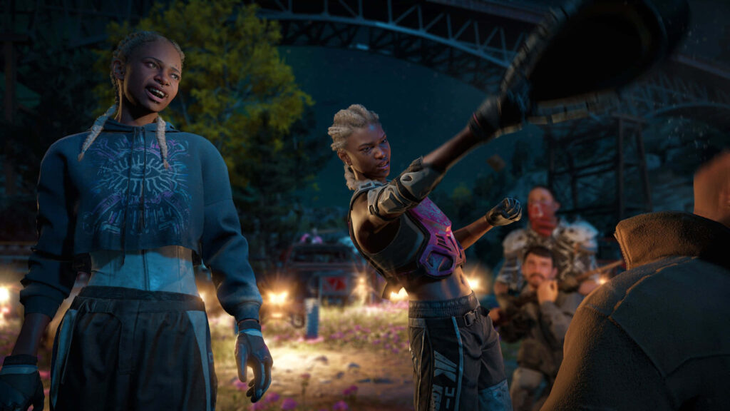 In the Heat of the Post-Apocalyptic Battle: Lou and Mickey Unleash Intense Interrogation Tactics on Scavenger Hostages in Stunning Far Cry New Dawn 1440p Backdrop Wallpaper