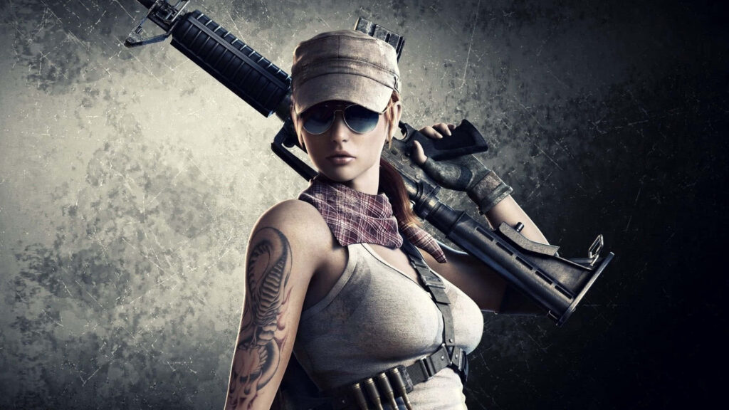 Intense 3D Female Soldier Wallpaper | Tactical Gear & Grungy Background