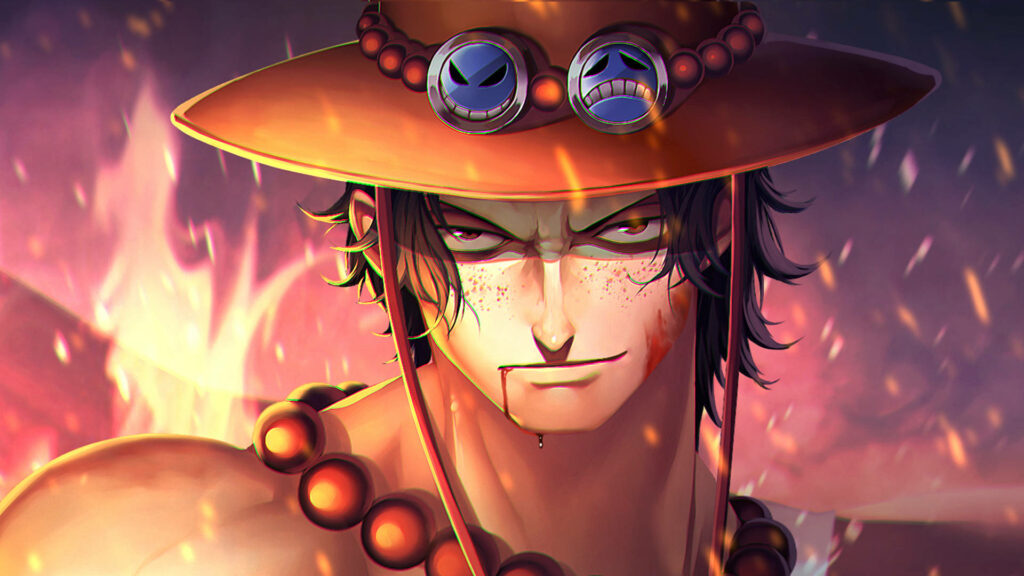 Intense One Piece Ace: A Menacing Close-Up Illustration with Blood-Stained Gaze Wallpaper