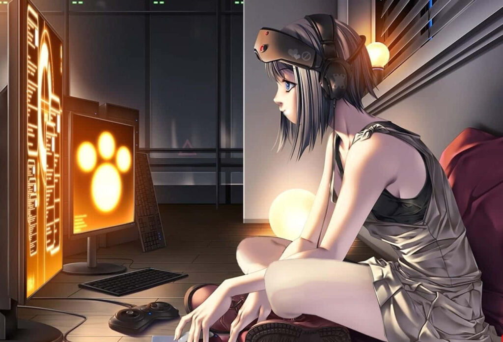 Intense Gaming Wallpaper: Anime Character in a Dimly Lit Room