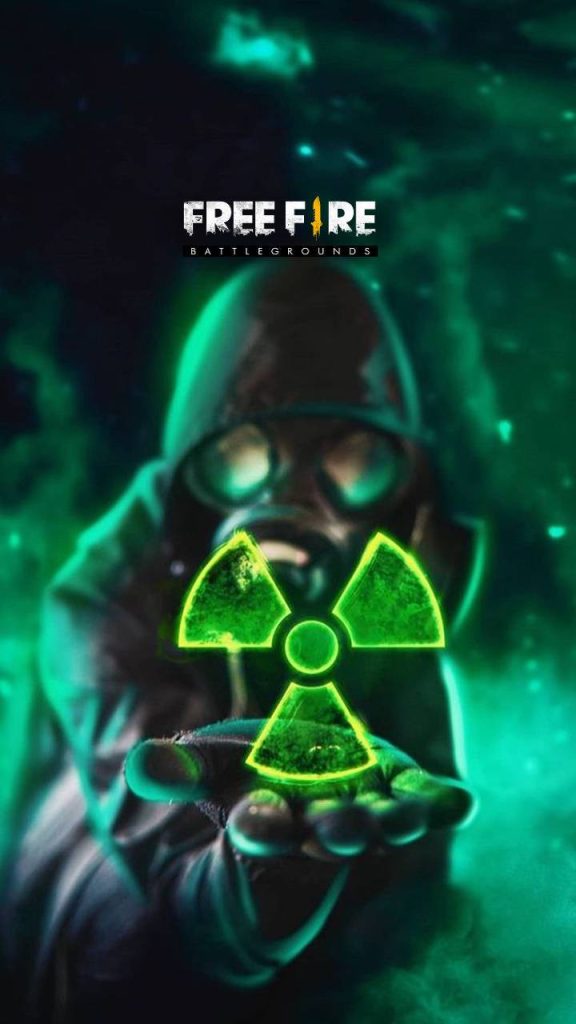 Garena Free Fire wallpaper with gas mask figure and glowing green radioactive symbol dark background