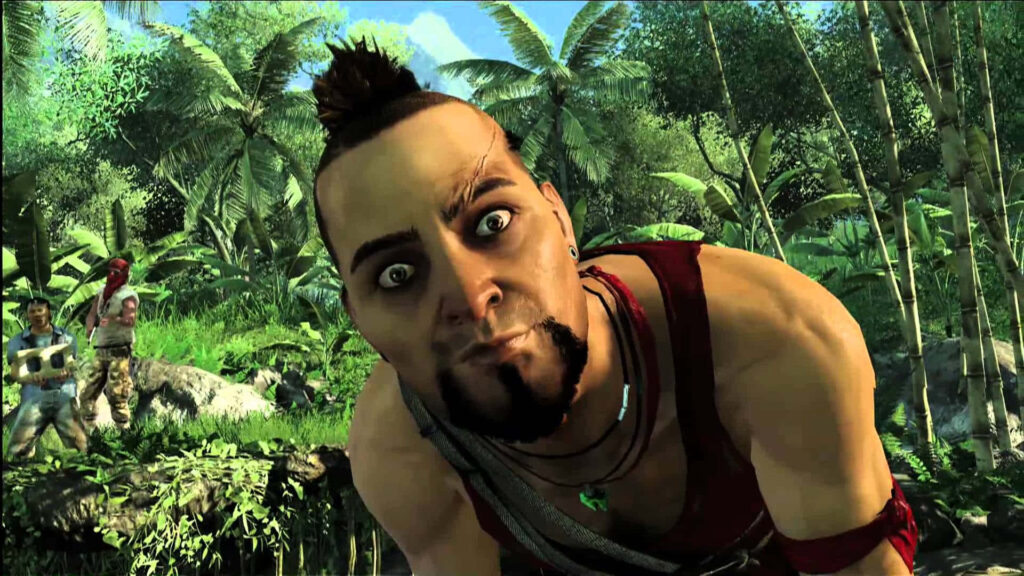 Menacing Encounter: Vaas Stares Deep from the Dark Forest Wallpaper