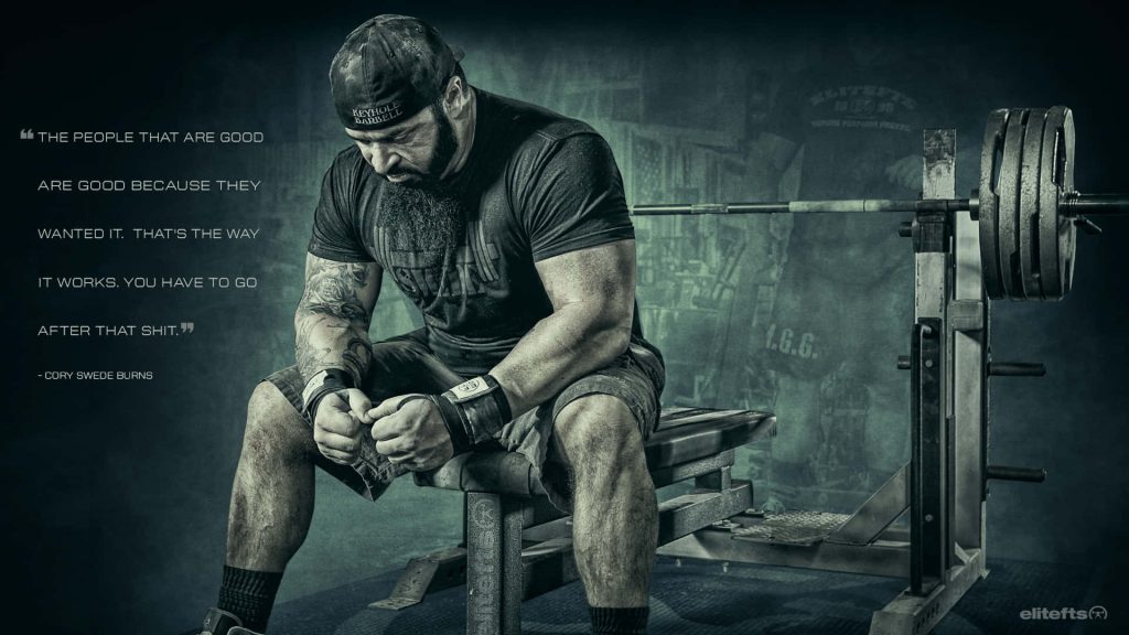 Strength coach Cory Swede Burns gym wallpaper with motivational training quote in green tones