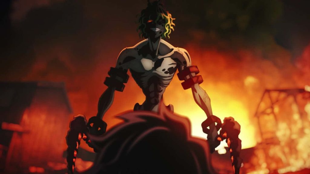 Gyutaro Demon Slayer wallpaper intense Upper Rank demon fiery village anime artwork background