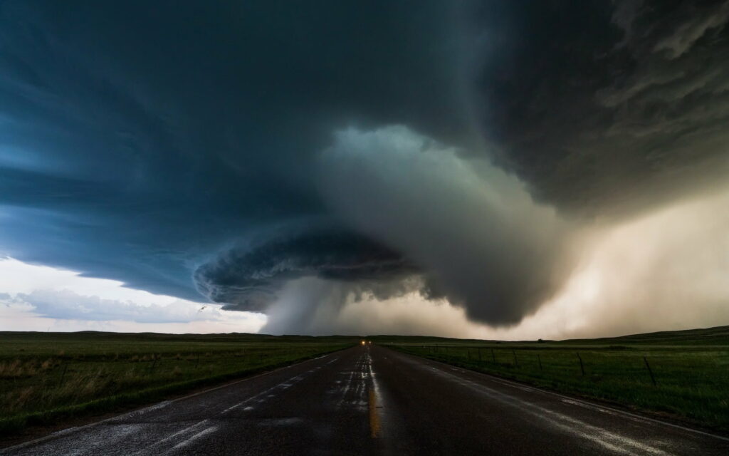 HD Storm Wallpaper: Intense Dark Clouds Over Open Road Background