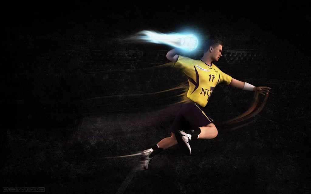 Handball player in yellow jersey mid-air throwing ball with blue energy on dark 3D background Wallpaper