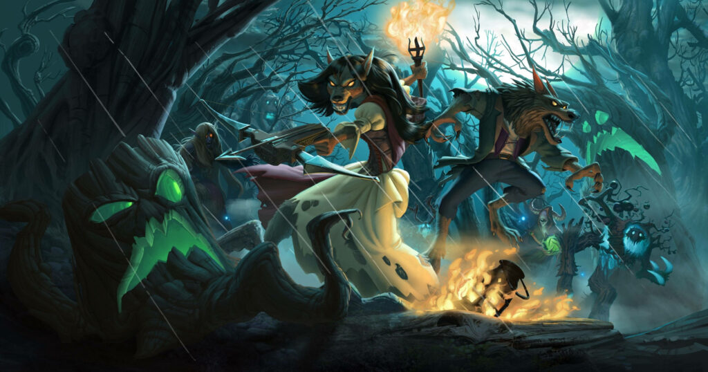 Hearthstone Monster Hunt: Intense Action in a Shadowy Forest Wallpaper