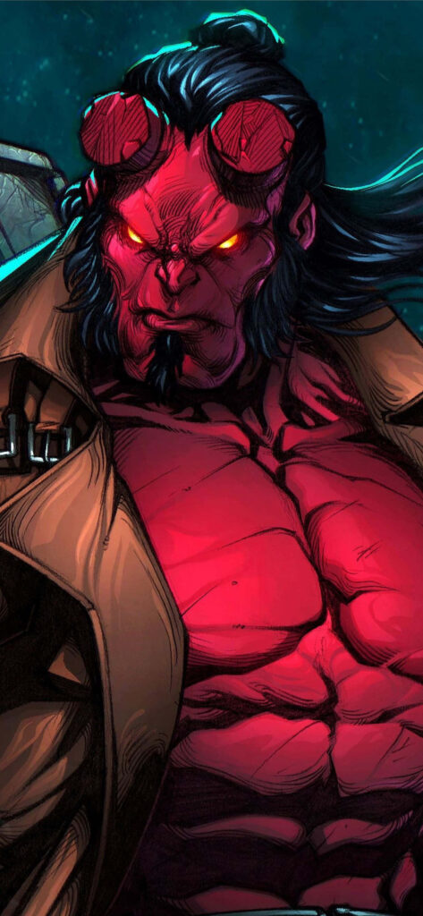 Intense Hellboy Portrait Wallpaper with Glowing Eyes & Rugged Power