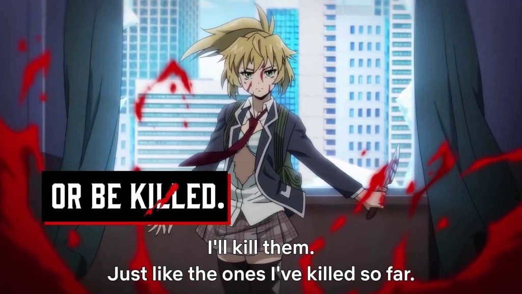 Yuri Honjo bloodied knife intense High-Rise Invasion anime cityscape survival battle wallpaper