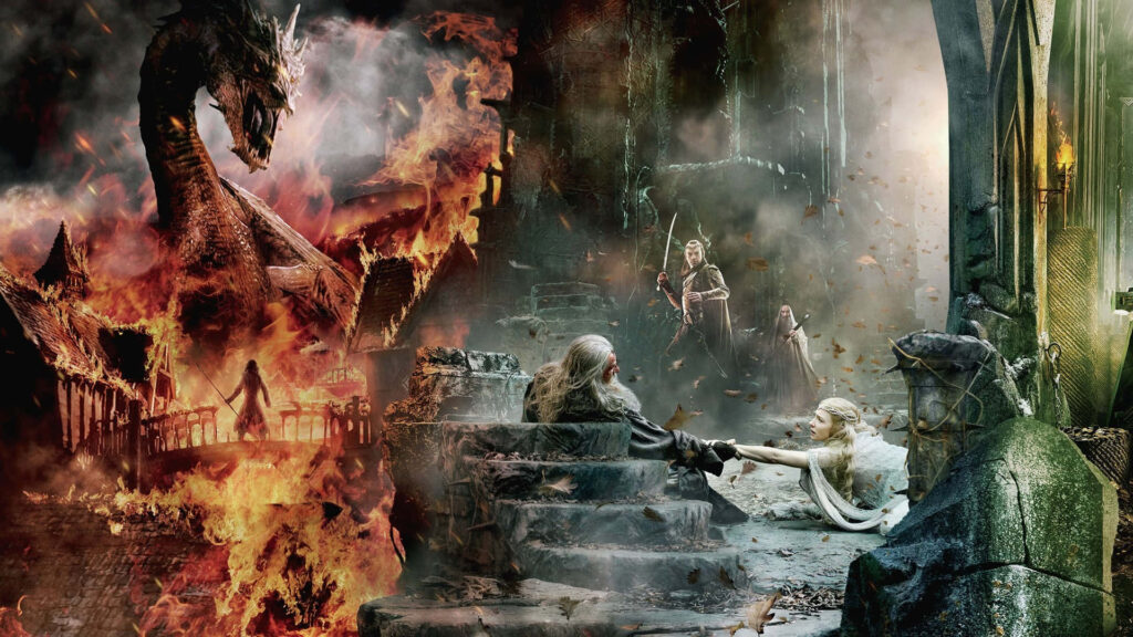Epic Hobbit Wallpaper: Smaug's Fiery Attack & Heroic Characters
