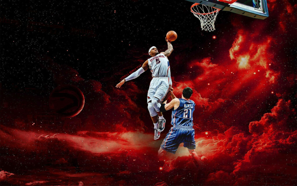 Dusk-Drenched Duel: Fiery Skies Illuminate Intense Basketball Battle Wallpaper