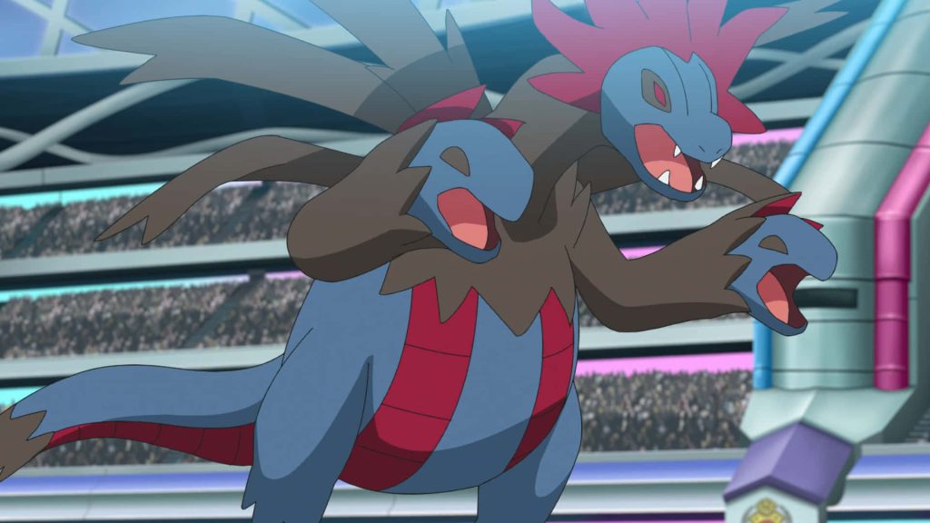 Hydreigon in epic Pokémon battle vibrant arena blue red Dark Dragon anime wallpaper background